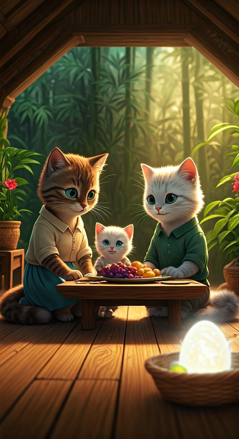 Cozy Jungle House Kitten Family Meal with Hidden Dragon Egg