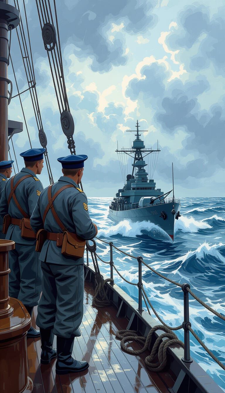 WWII Sailors in Combat on Warship, Comic Style