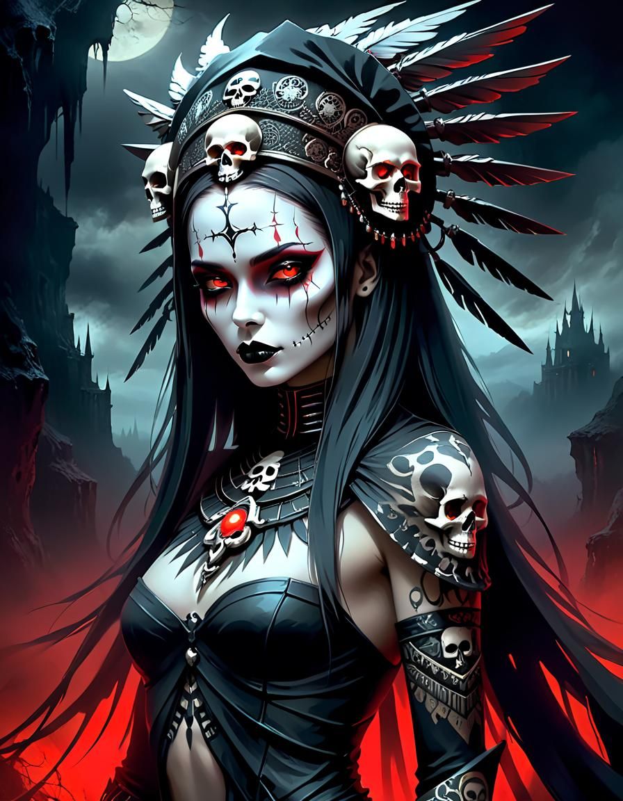 Gothic Dark Sorceress Digital Painting with Red Eyes