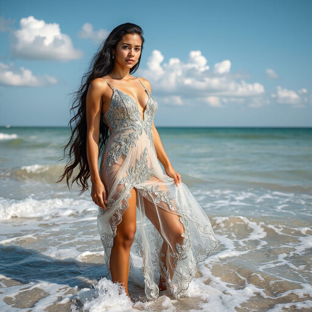 Silver Gown on Latina Woman in Ocean Photo-realism
