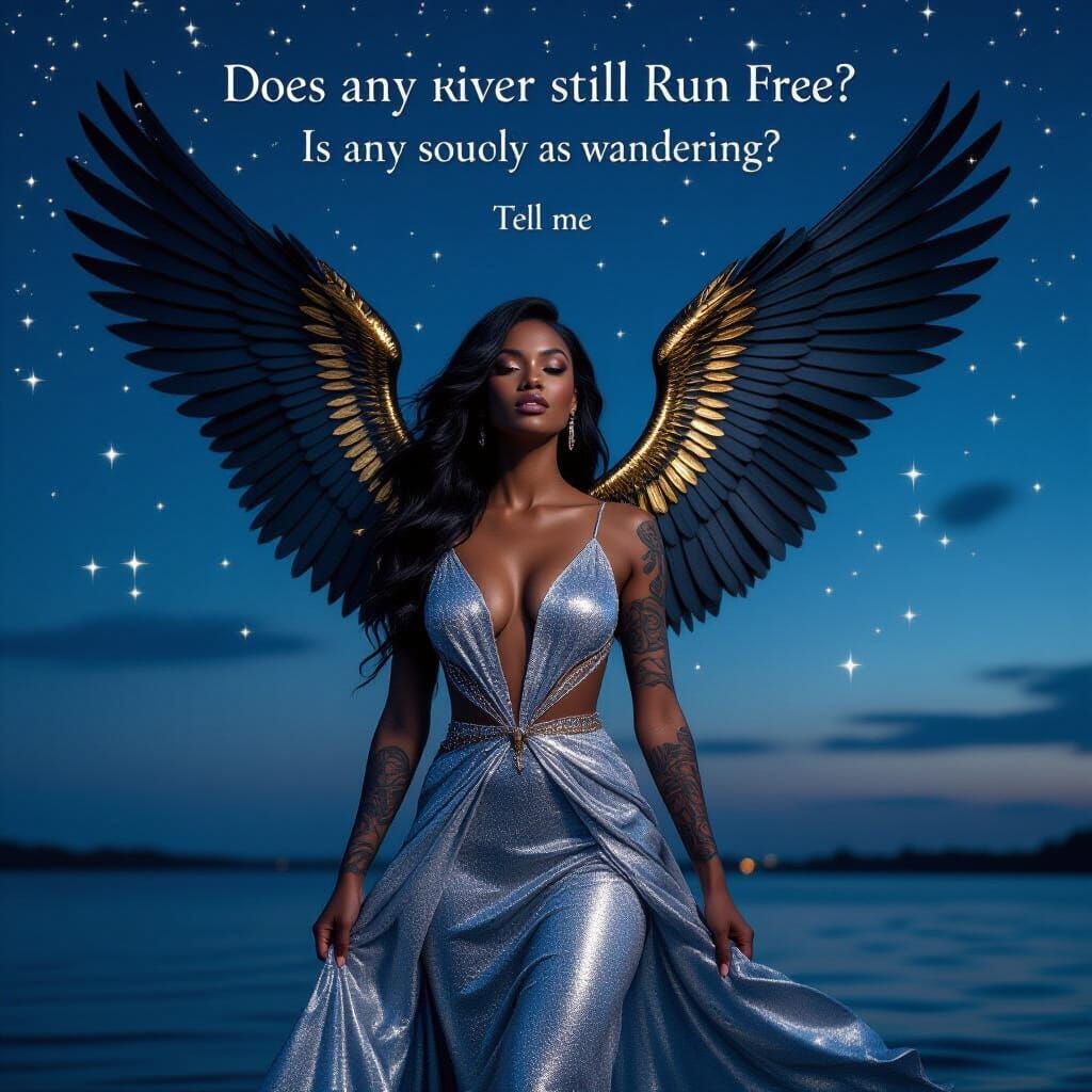 Dark Woman With Gold Wings in Starry Sky