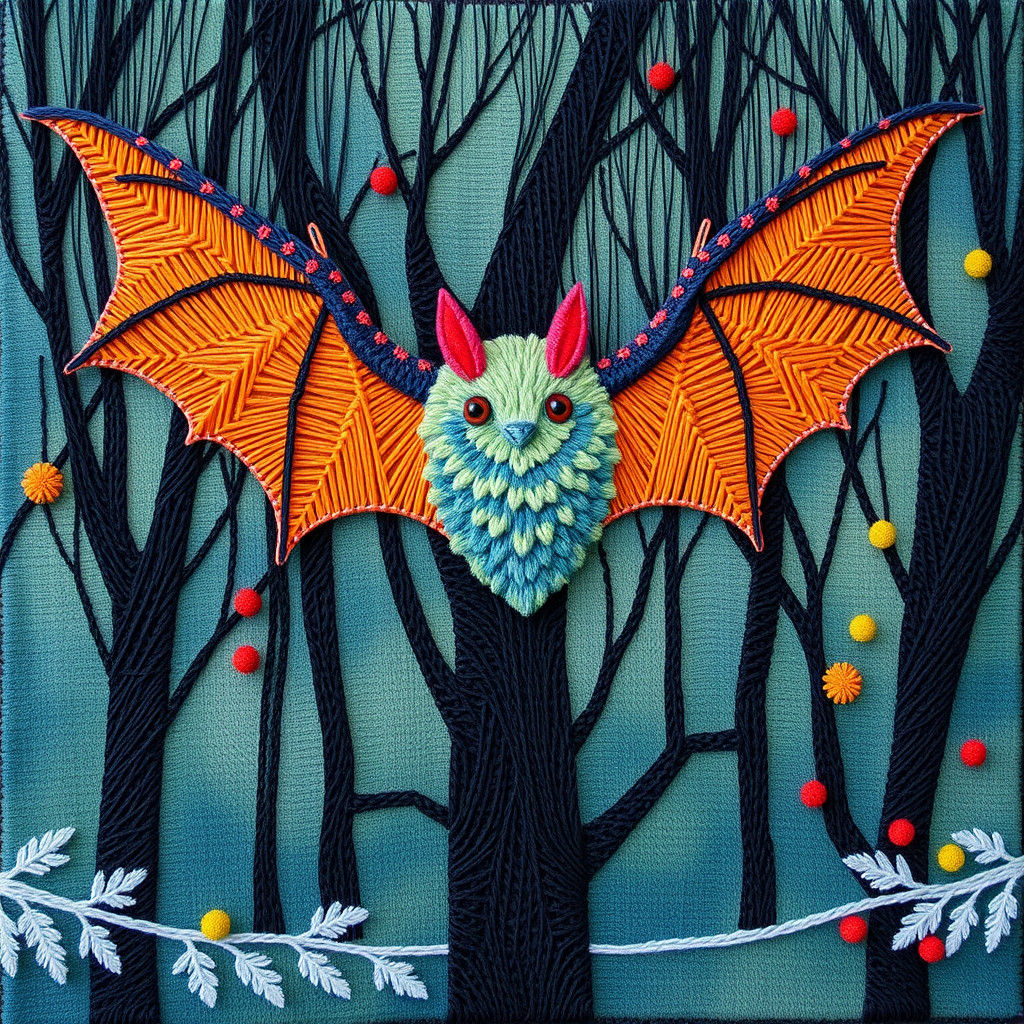 Fluffy Bat in Foggy Forest: Massurrealist Textile Art