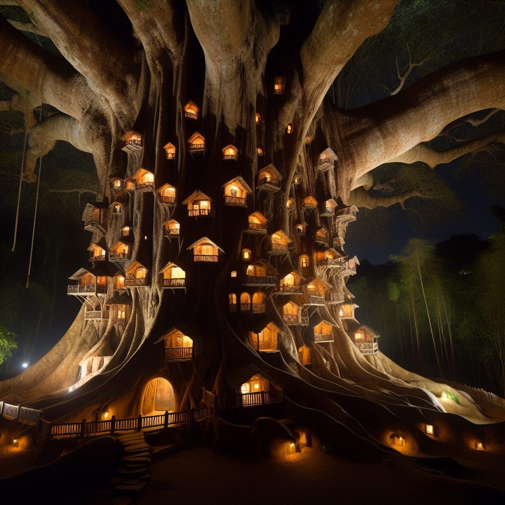 Gigantic Tree with Glowing Apartments at Night