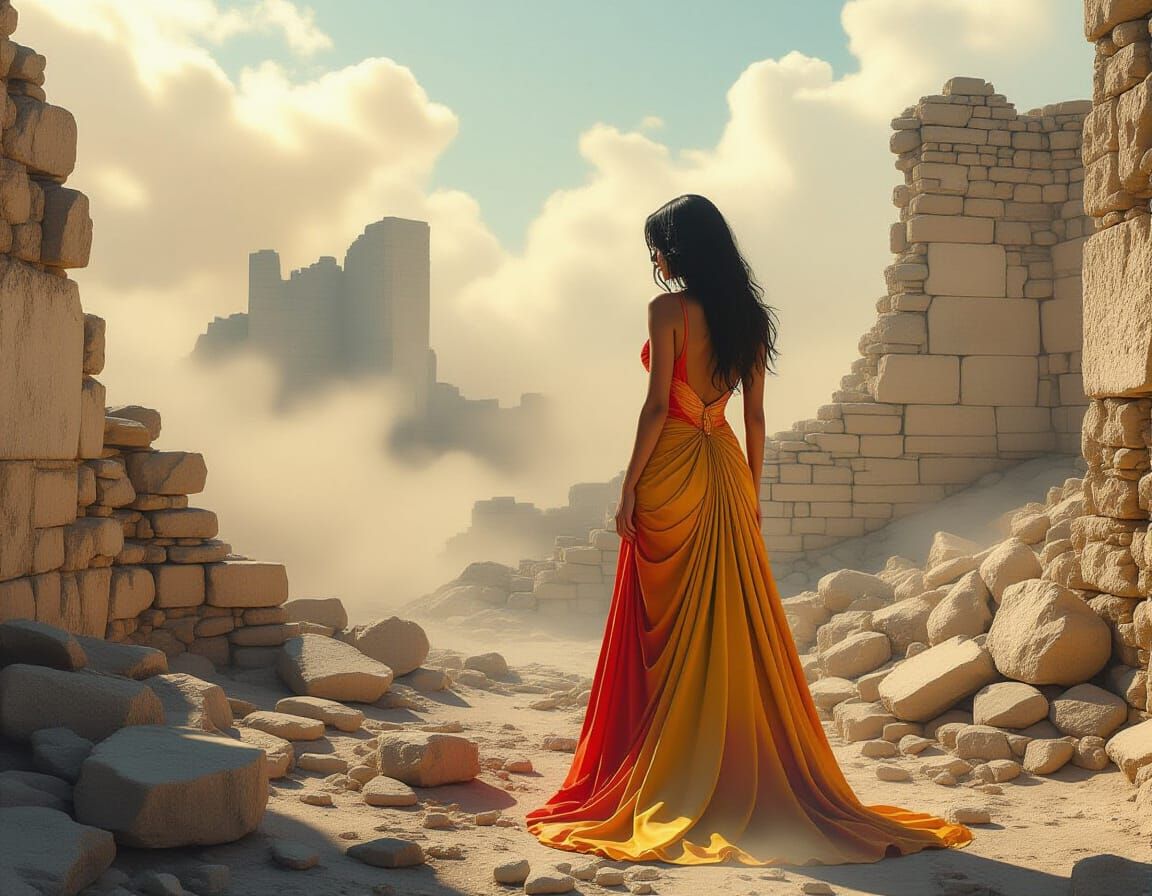 Woman in Vibrant Dress Amidst Ruins