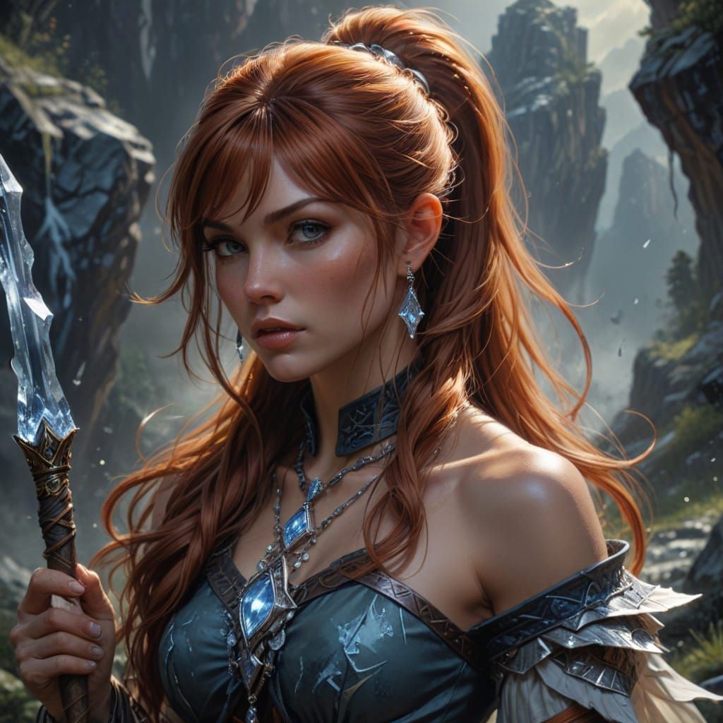 Crystal Sorceress with Magic Staff, Oil Painting