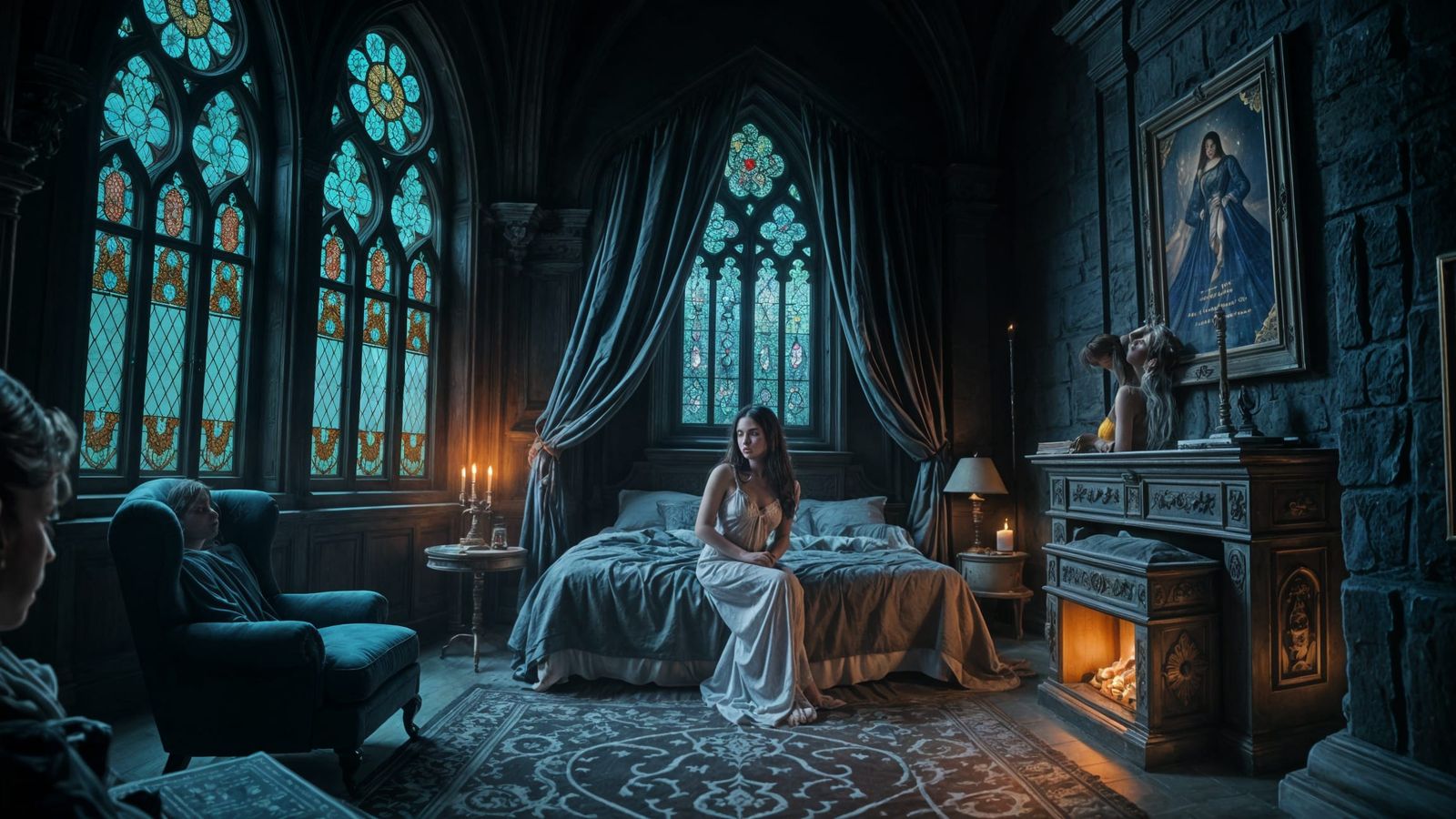 Gothic Castle Chamber with Woman in Stained Glass Light