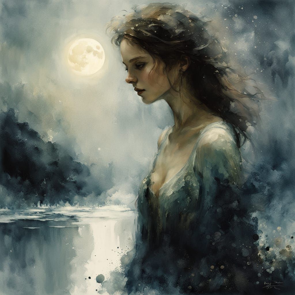 Lush Summer Landscape with Gothic Ferrywoman, Alcohol Ink Ar...