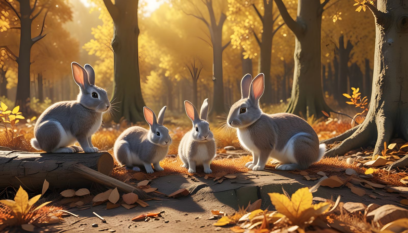 Cute Rabbit Family in Golden Autumn Wood Clearing