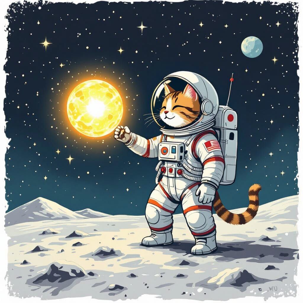 Cat Astronaut Plays with Sun on Moon