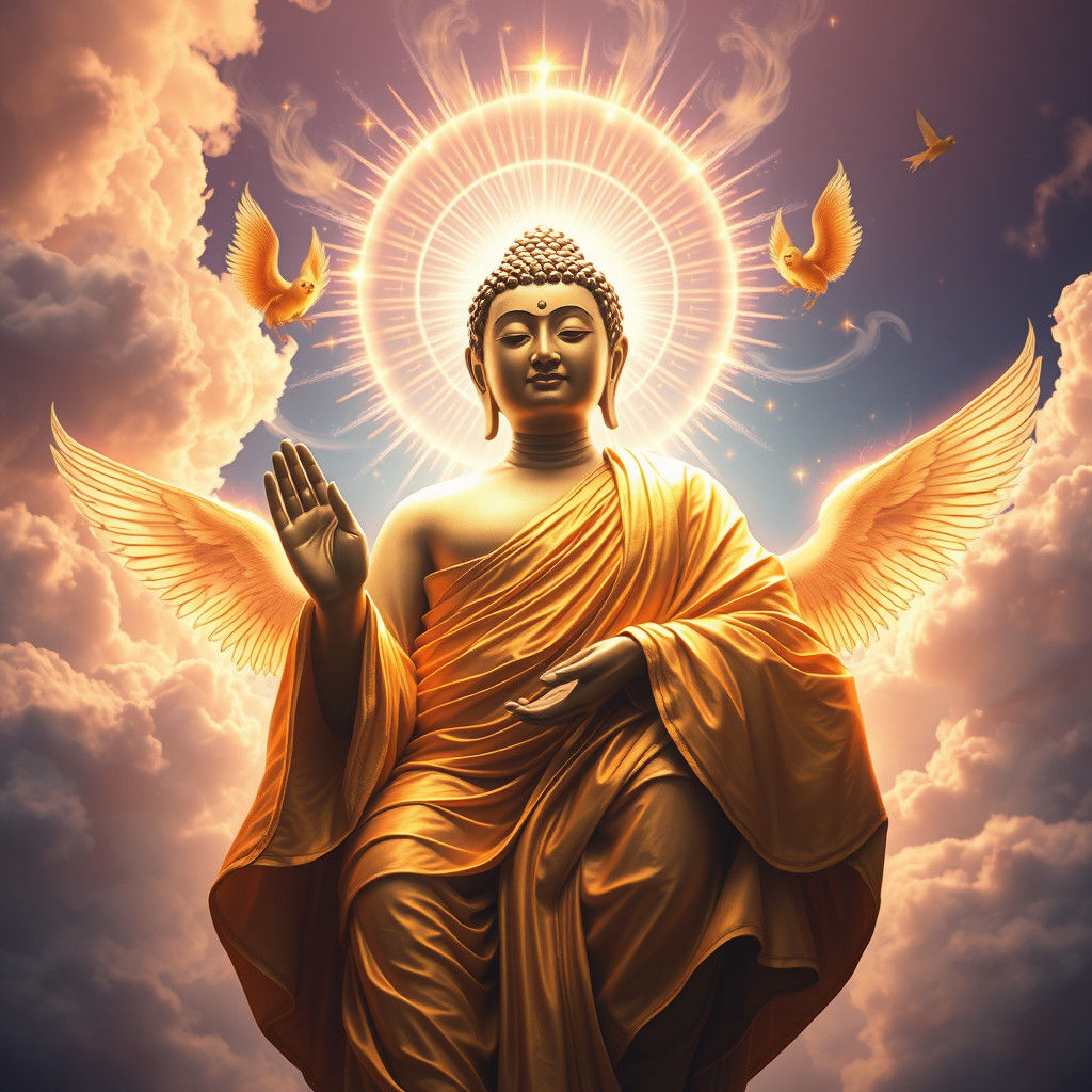 Buddha's Descent: Ethereal Light and Angels