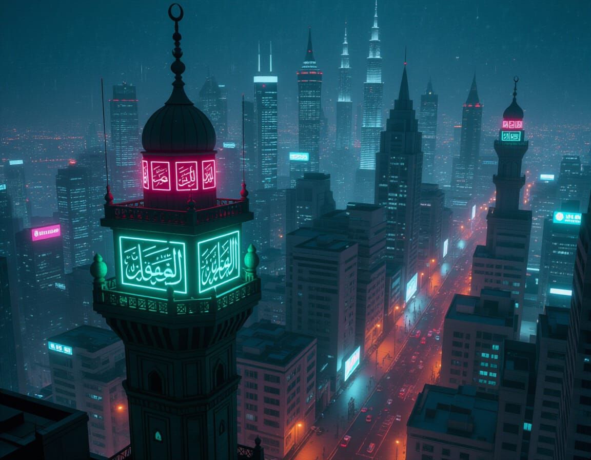 Cyberpunk Muezzin Calls to Prayer in Neon City