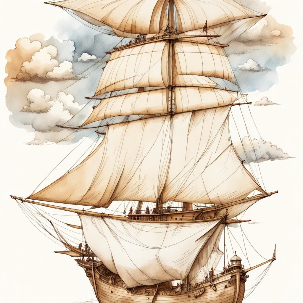 Vintage Flying Ship in Golden Renaissance Style
