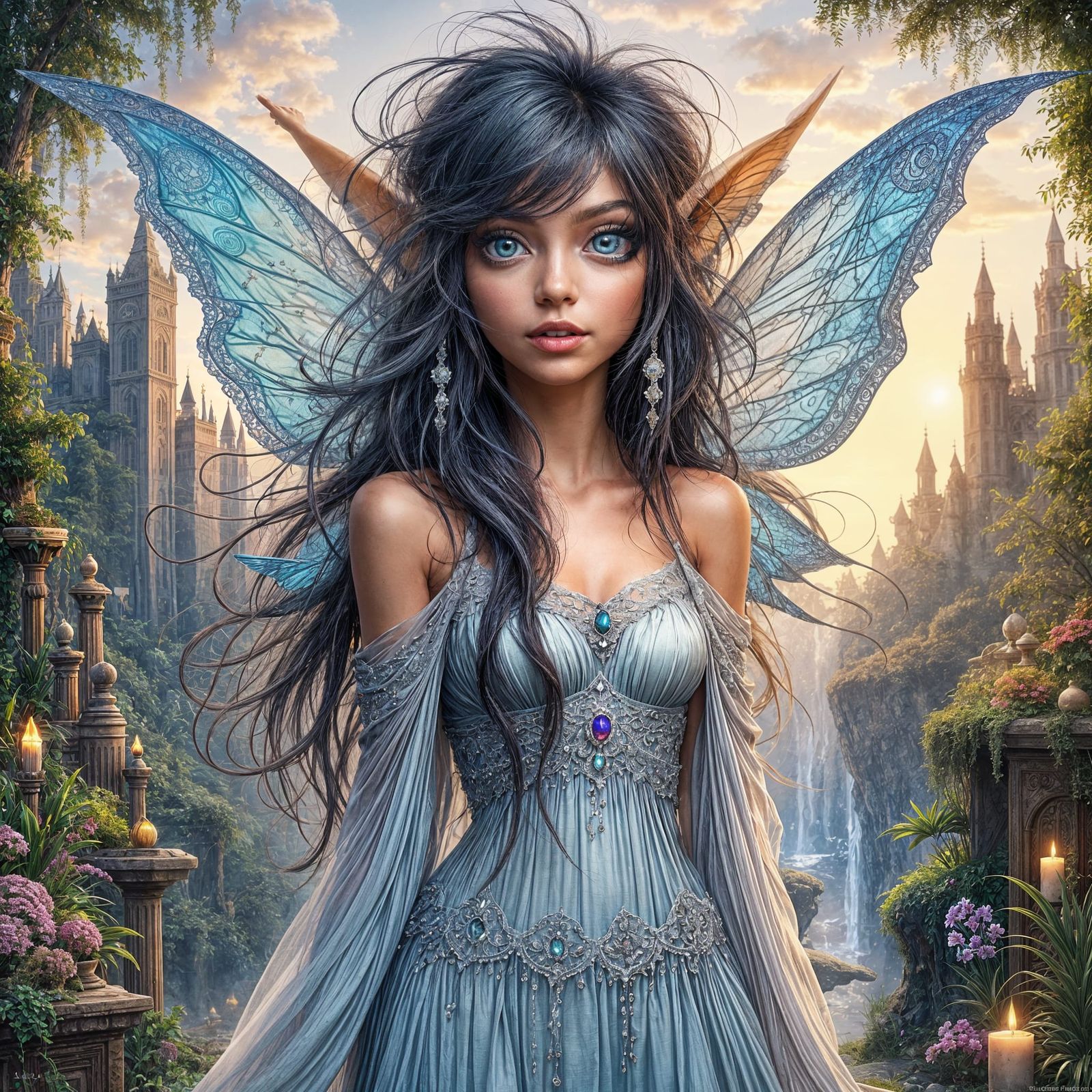 Enigmatic Fairy on Mystic Precipice with Ethereal Gown and D...