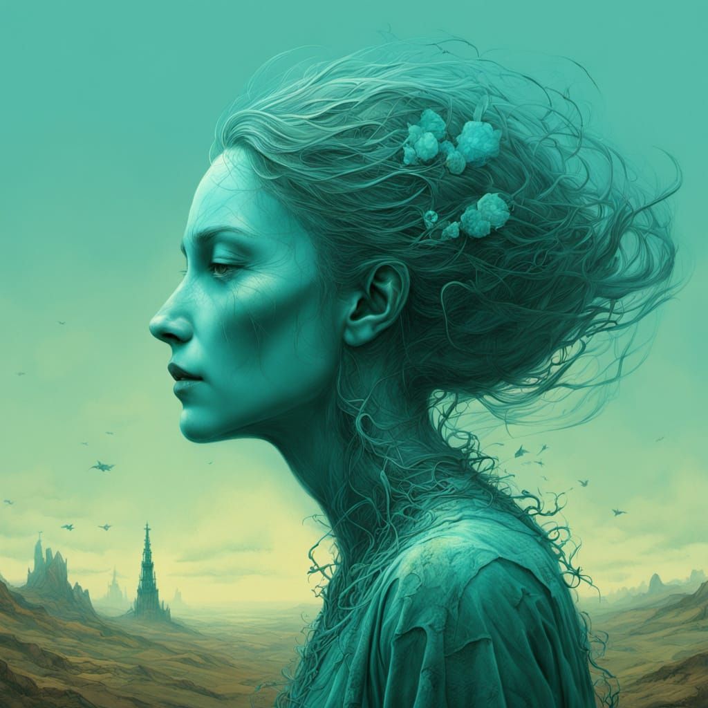 Elegant Woman in Motion, Beksiński-Inspired Digital Art