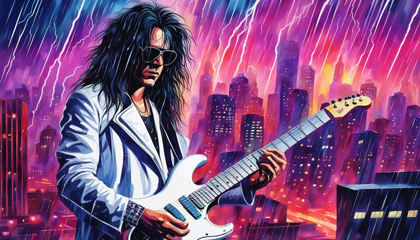 Guitarist in Futuristic City: Watercolor Pop Art Portrait