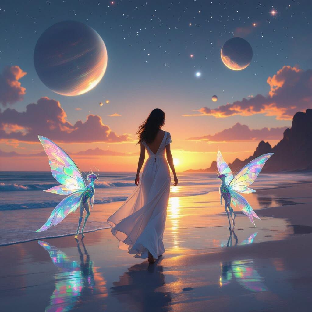 Futuristic Beach Walk with Interstellar Creatures