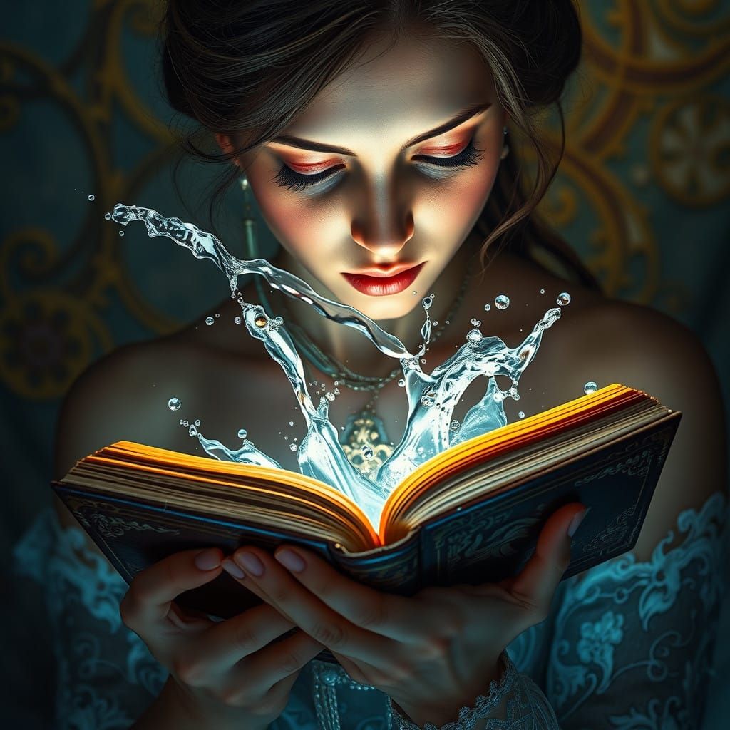 A painting of a book with water pouring out of the book