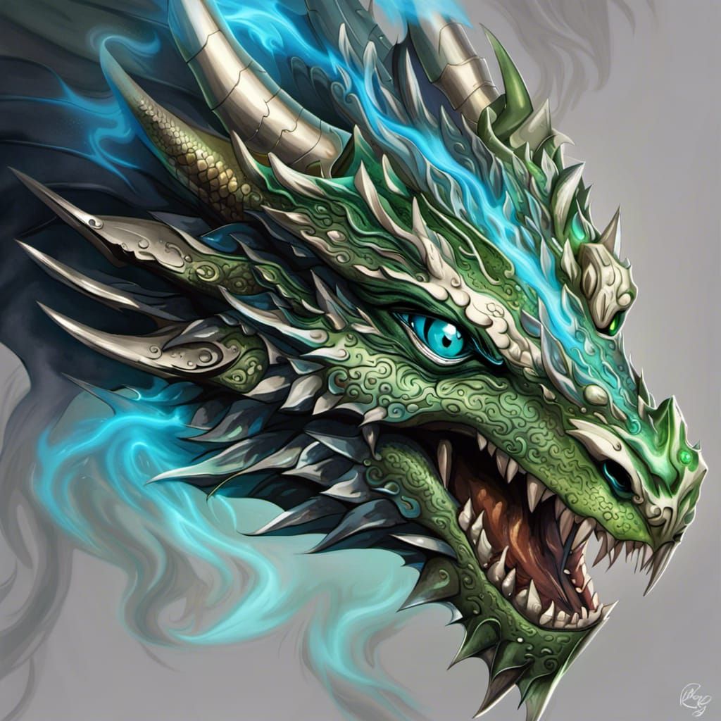 Metallic dragon with green eyes and blue fire