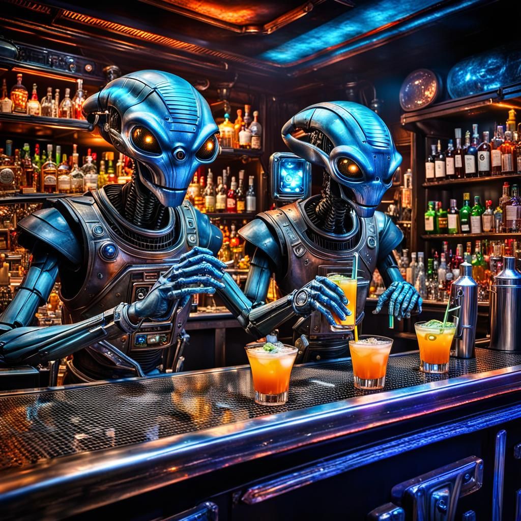 Smokey Space Bar with Robot Bartenders in Sci-Fi