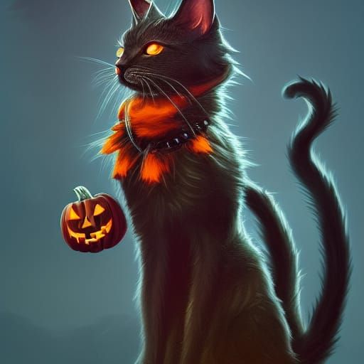 Fantastical Halloween Cat in Detailed Matte Painting