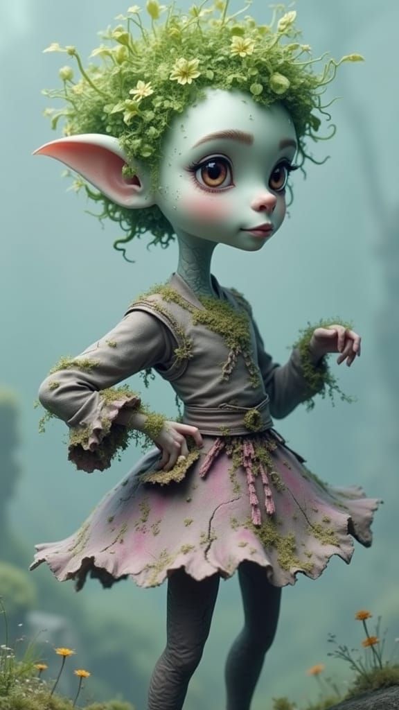 Mossy Gnome in Misty Forest, Polygon Art Style