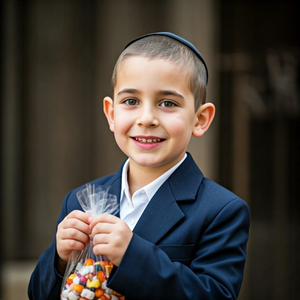 Serene Haredi Child with Shabbat Sweets in Sunset Glow