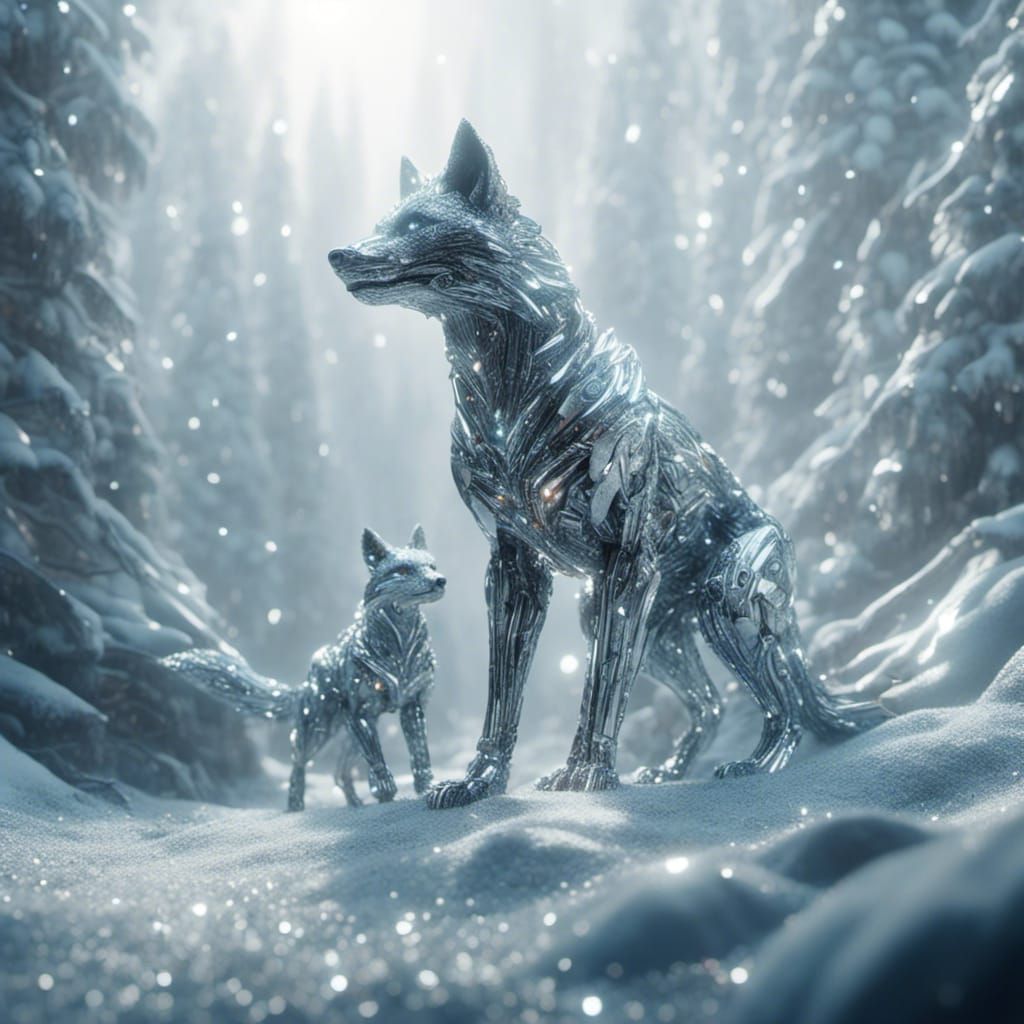 Crystal Foxes Running in Snowy Landscape