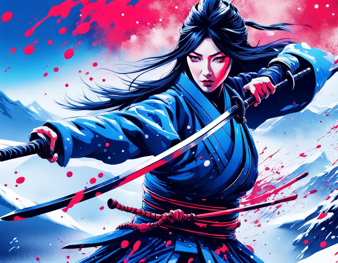Blue Ink Samurai in Snowy Landscape