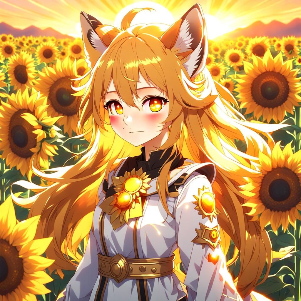 Golden Fox-Girl with Sun and Sunflowers