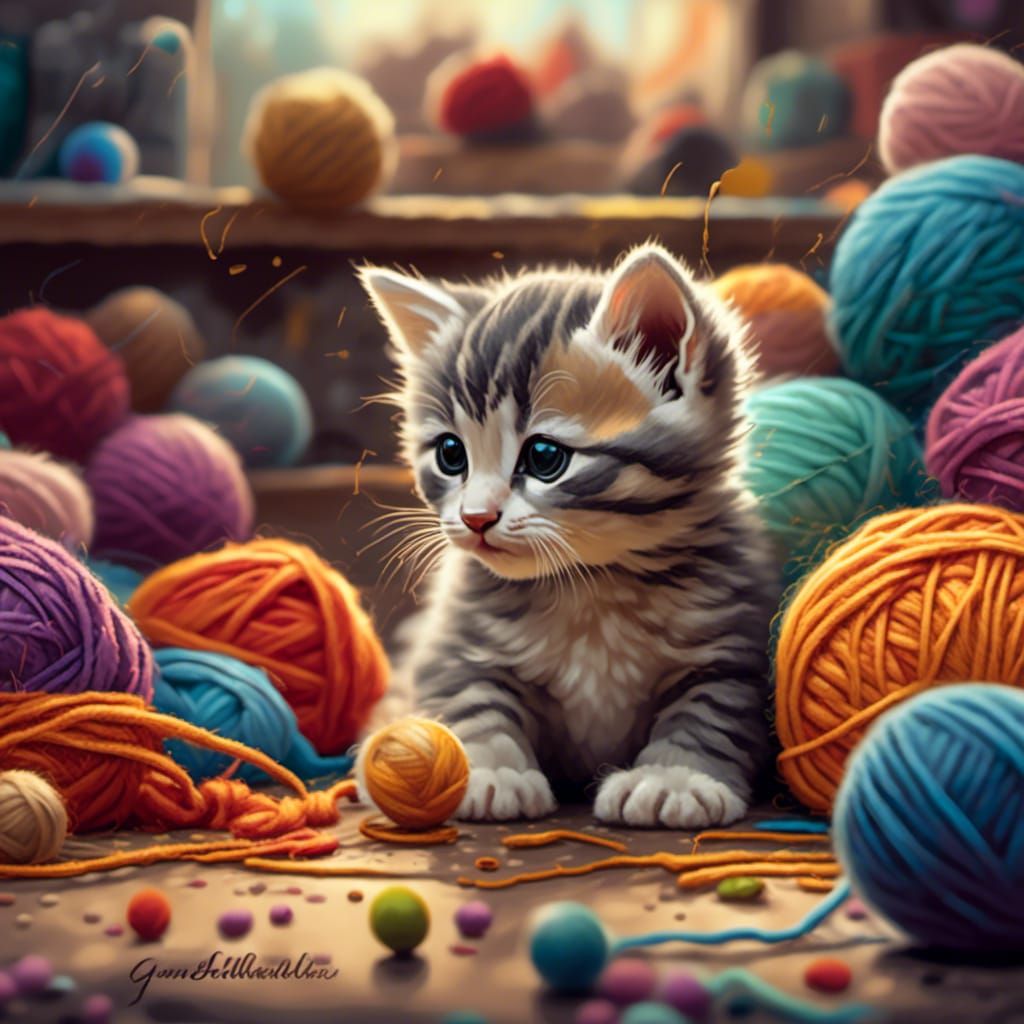 Chibi Kittens Play in Colorful Yarn Store