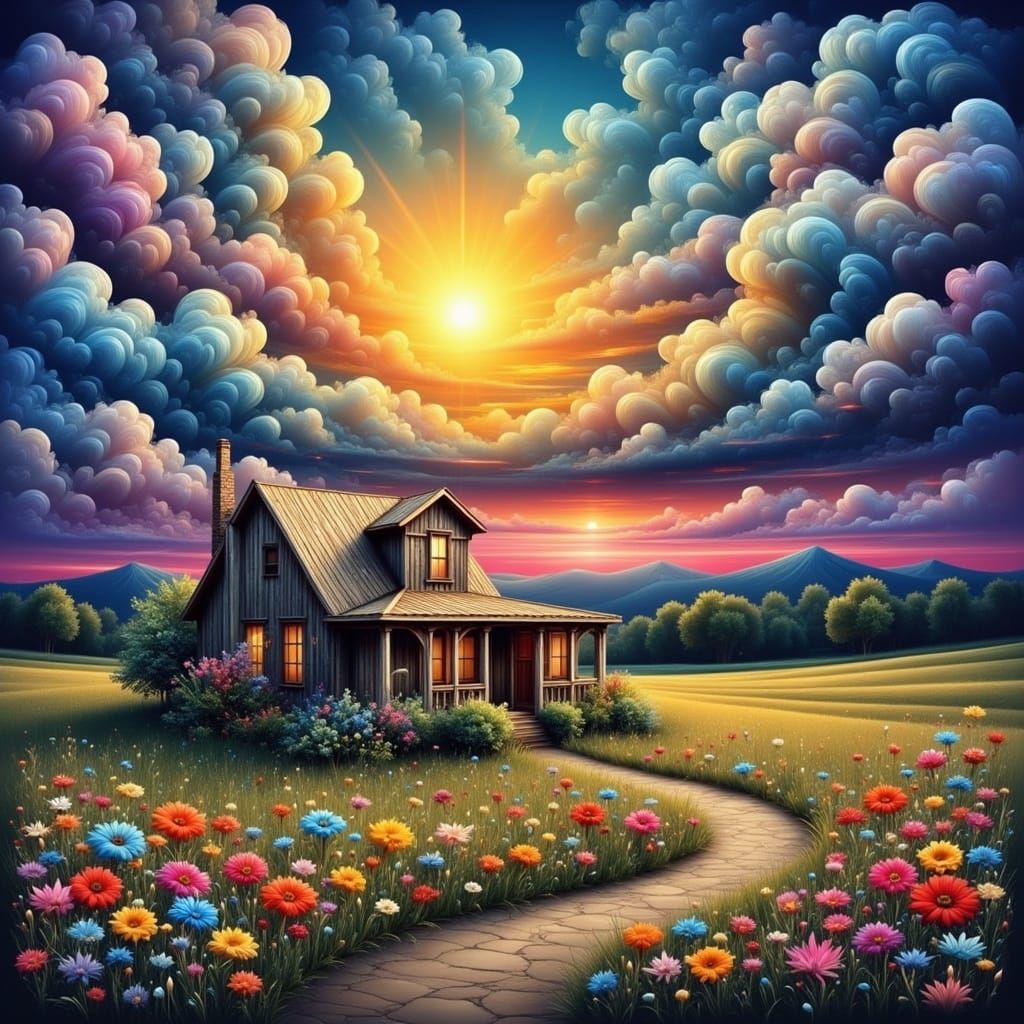 Prairie Cottage Under Cosmic Sky in Dreamy Style