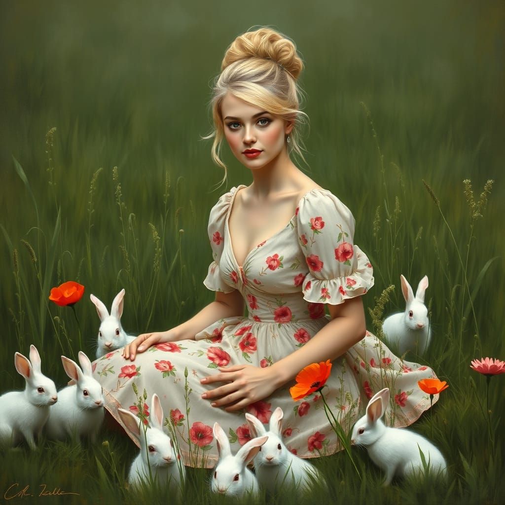 Stunning Blonde Woman in Spring Floral Dress with Poppies in...