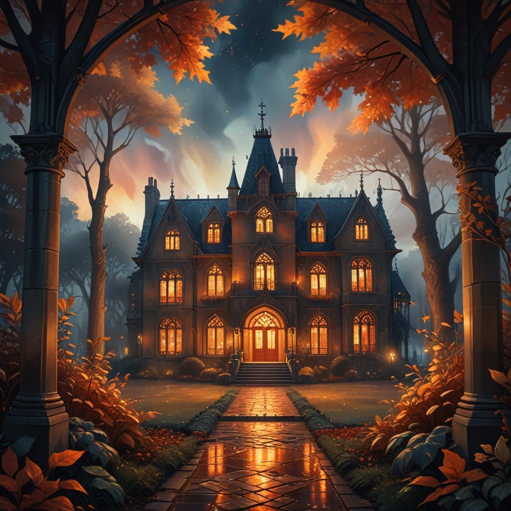 English Manor at Night in Oil and Watercolor