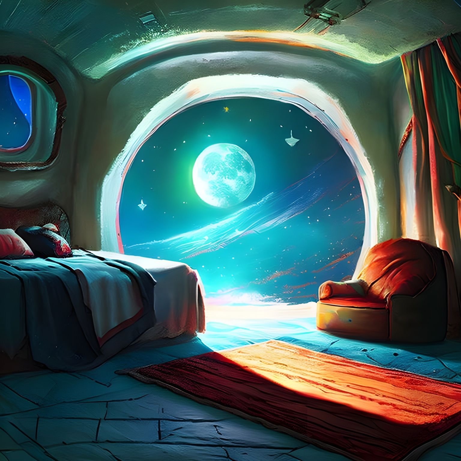 Luminous Moon over Cozy Bedroom in Colorful Painting