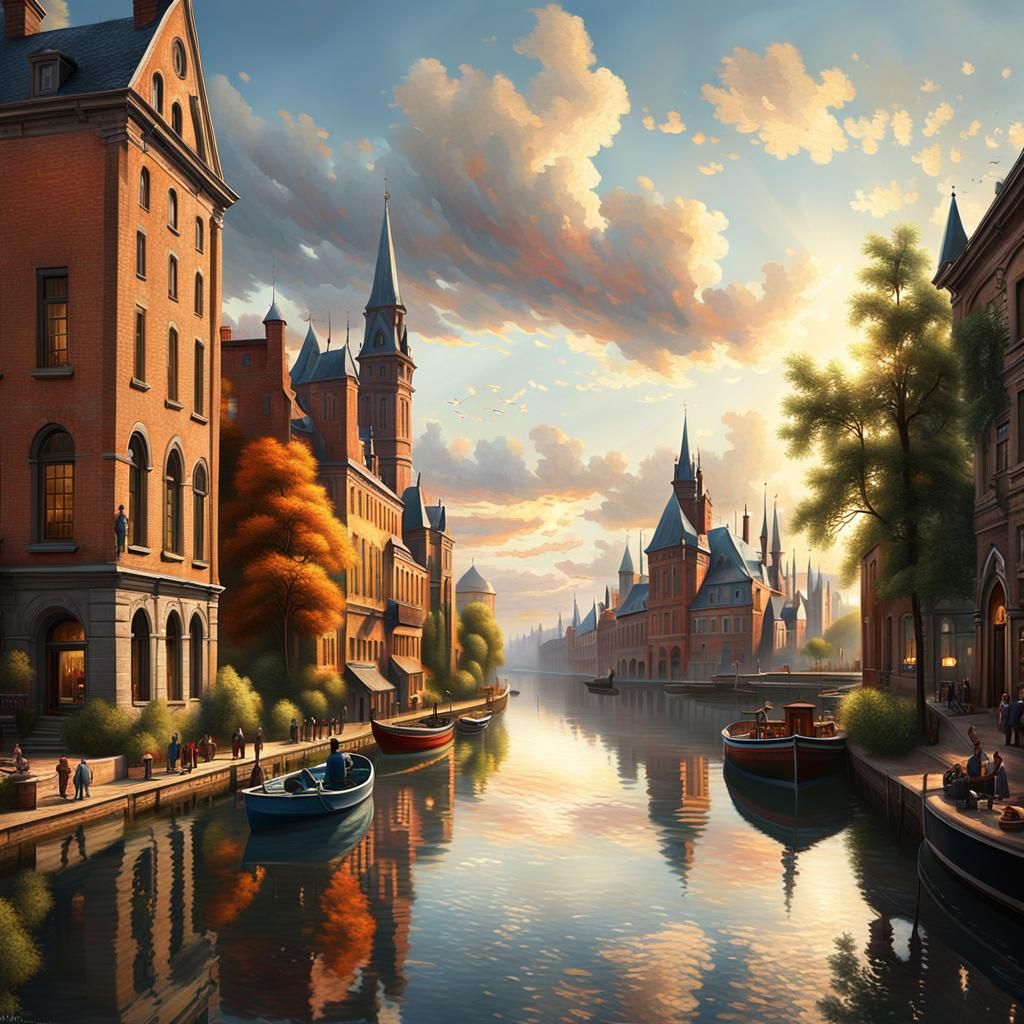 River Cityscape in Golden Hour Light