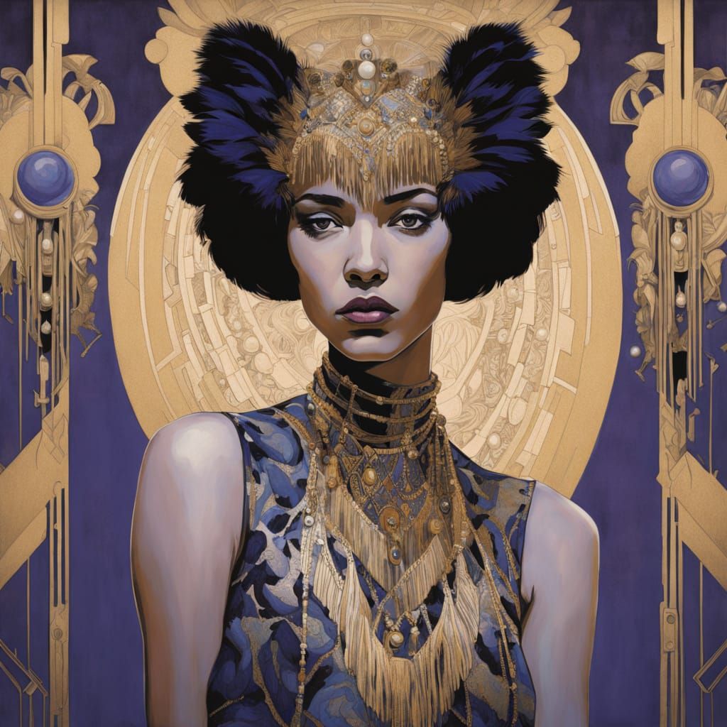 Art Deco flapper girl with a minimalist beaded fringe dress, pearls, and a feathered headband