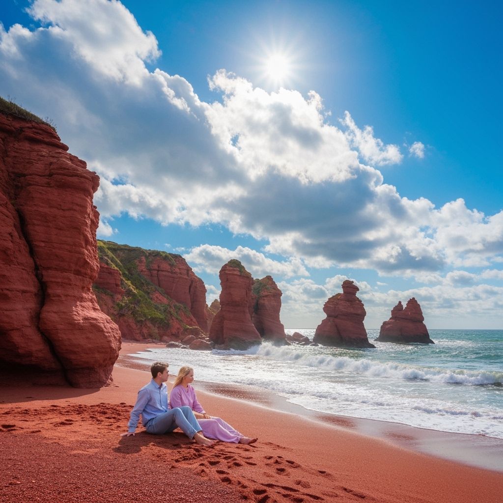 Couple on Red Sand Beach with Limestone Cliffs
