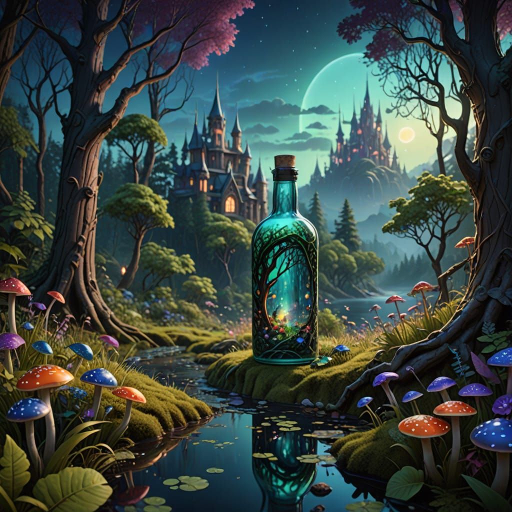 ""A glass bottle with an elaborate design of a forest scene ...