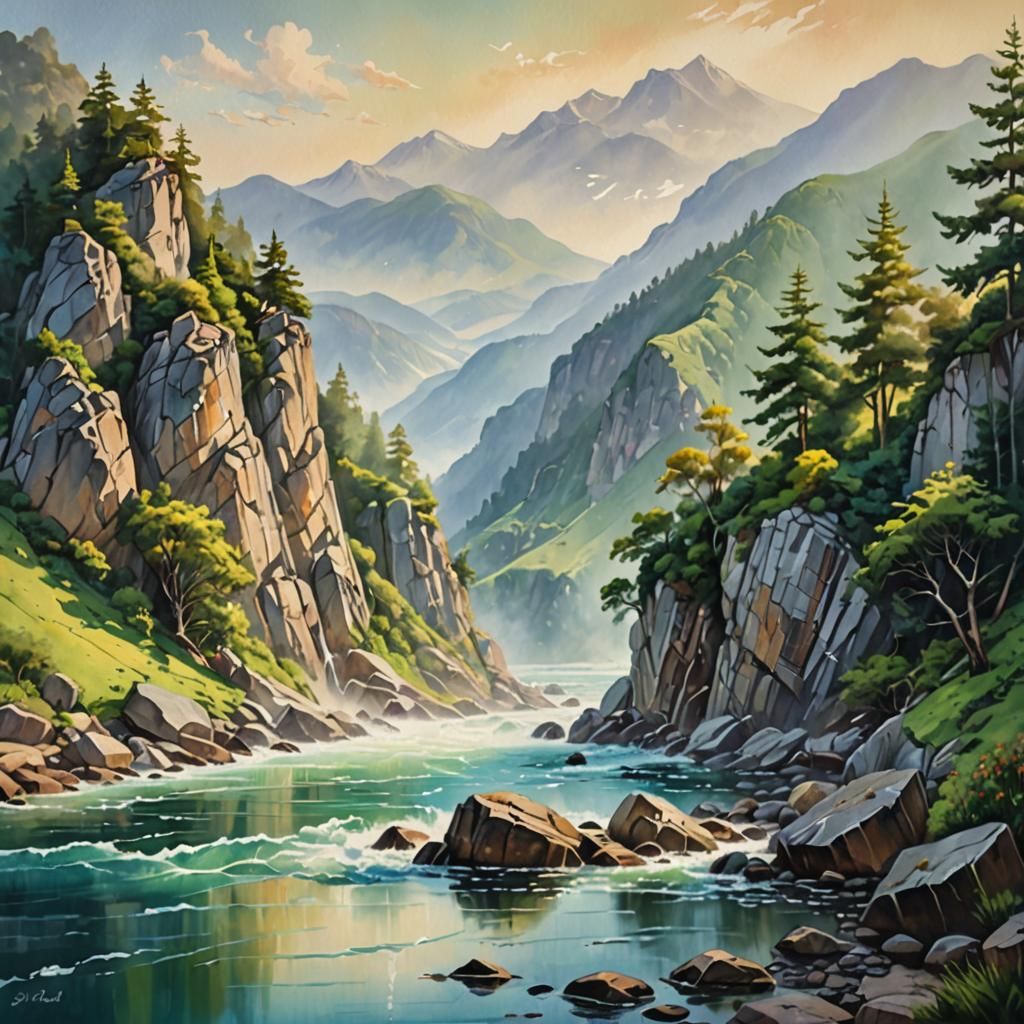 Mountain Stream Flows to Sea: Oil Painting