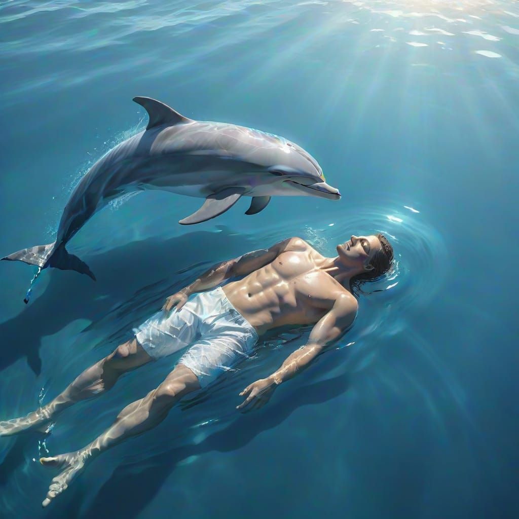 Serene Beach Scene with Dolphin and Gentle Waves