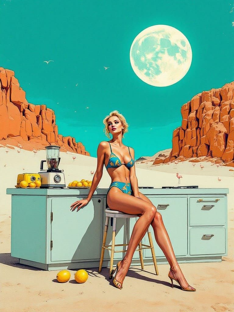 Surreal Desert Kitchen: Woman with Blender, Basquiat Style