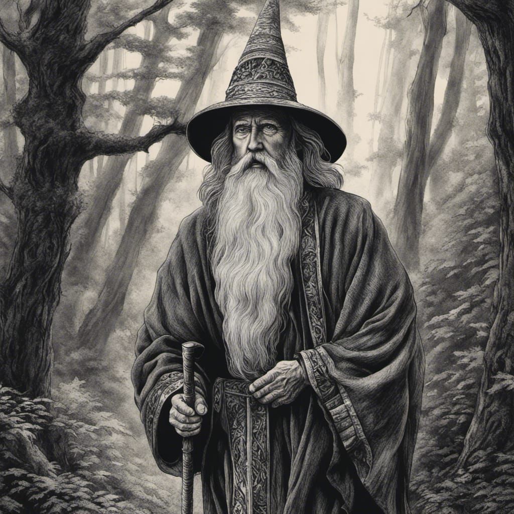 Detailed Charcoal Portrait of an Old Mage