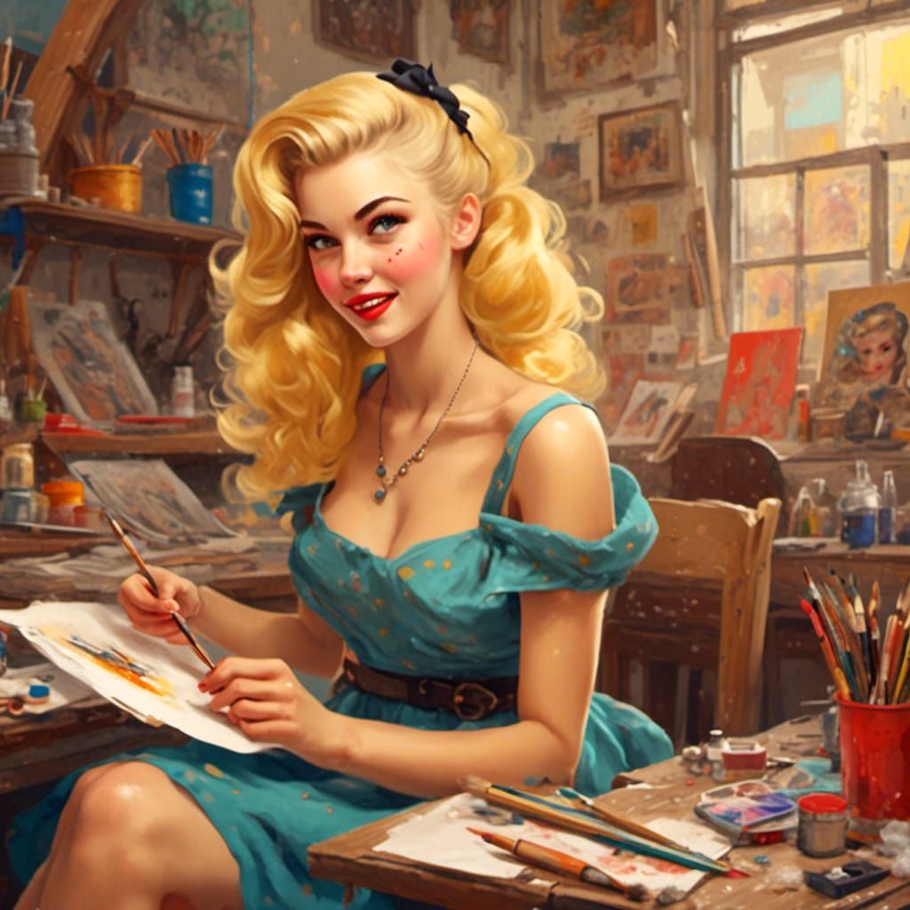 Fox Artist Painting a Pin-Up Girl in Bright Colors
