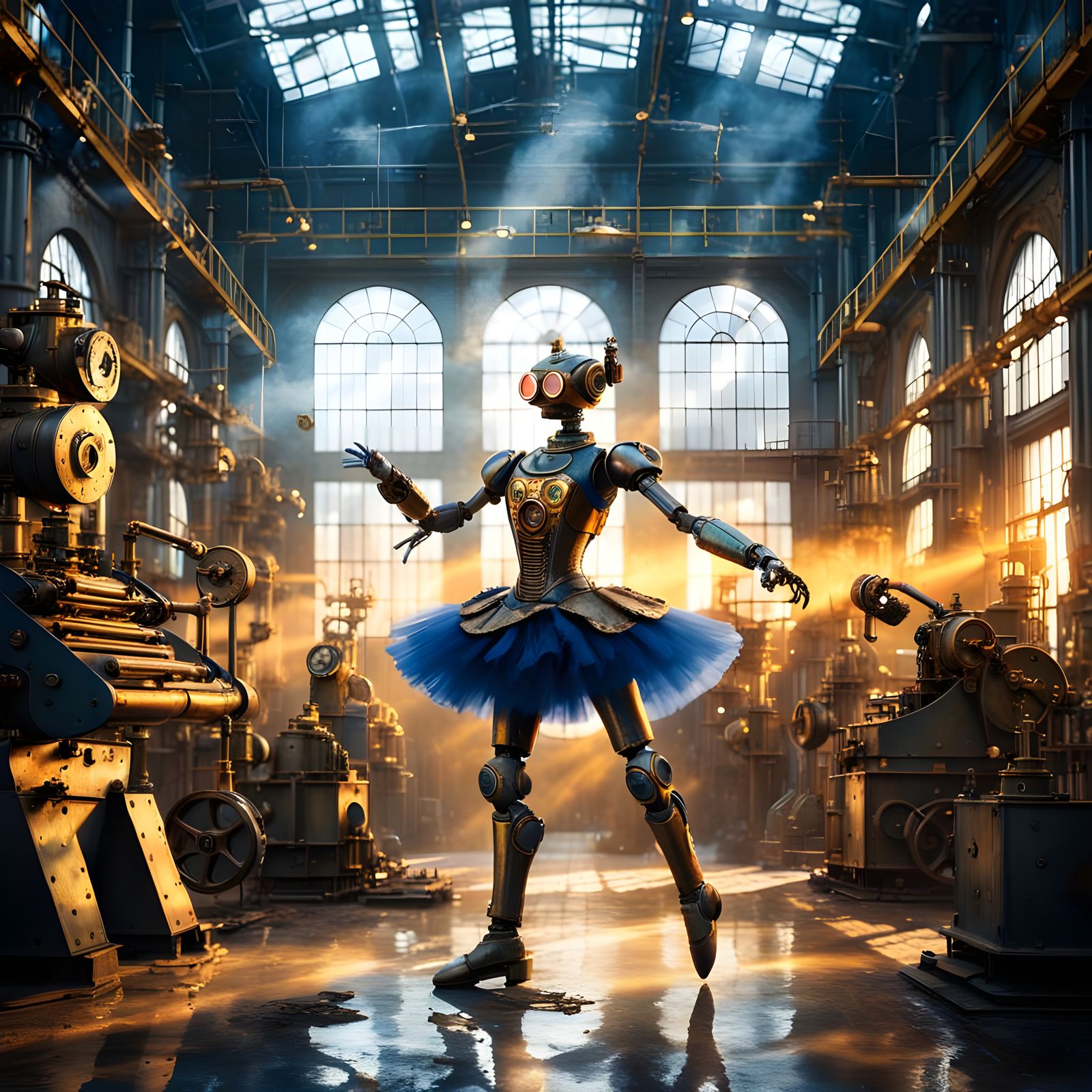 Steampunk Ballet Robot Dancing in Factory