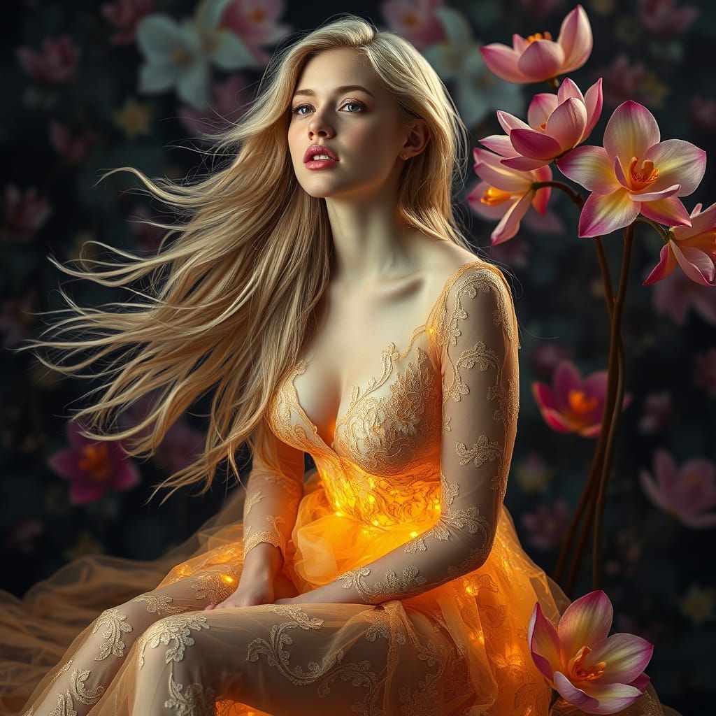 Golden Lace Editorial Portrait in Hyperrealistic Style