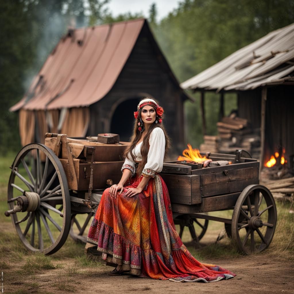Gypsy Woman with Wagon and Fire