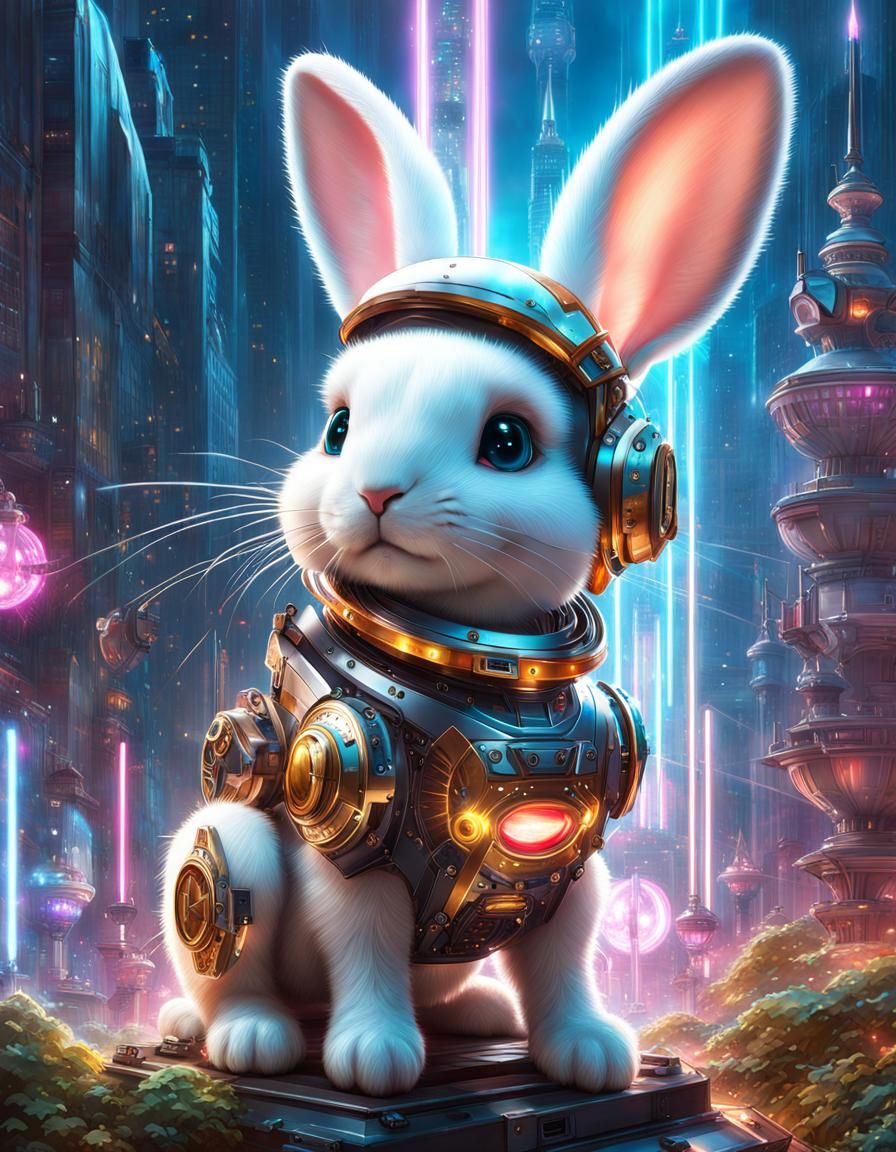Surreal Cyborg Rabbit in Futuristic Poster Art