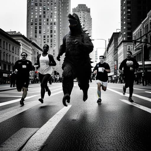 Godzilla running a marathon