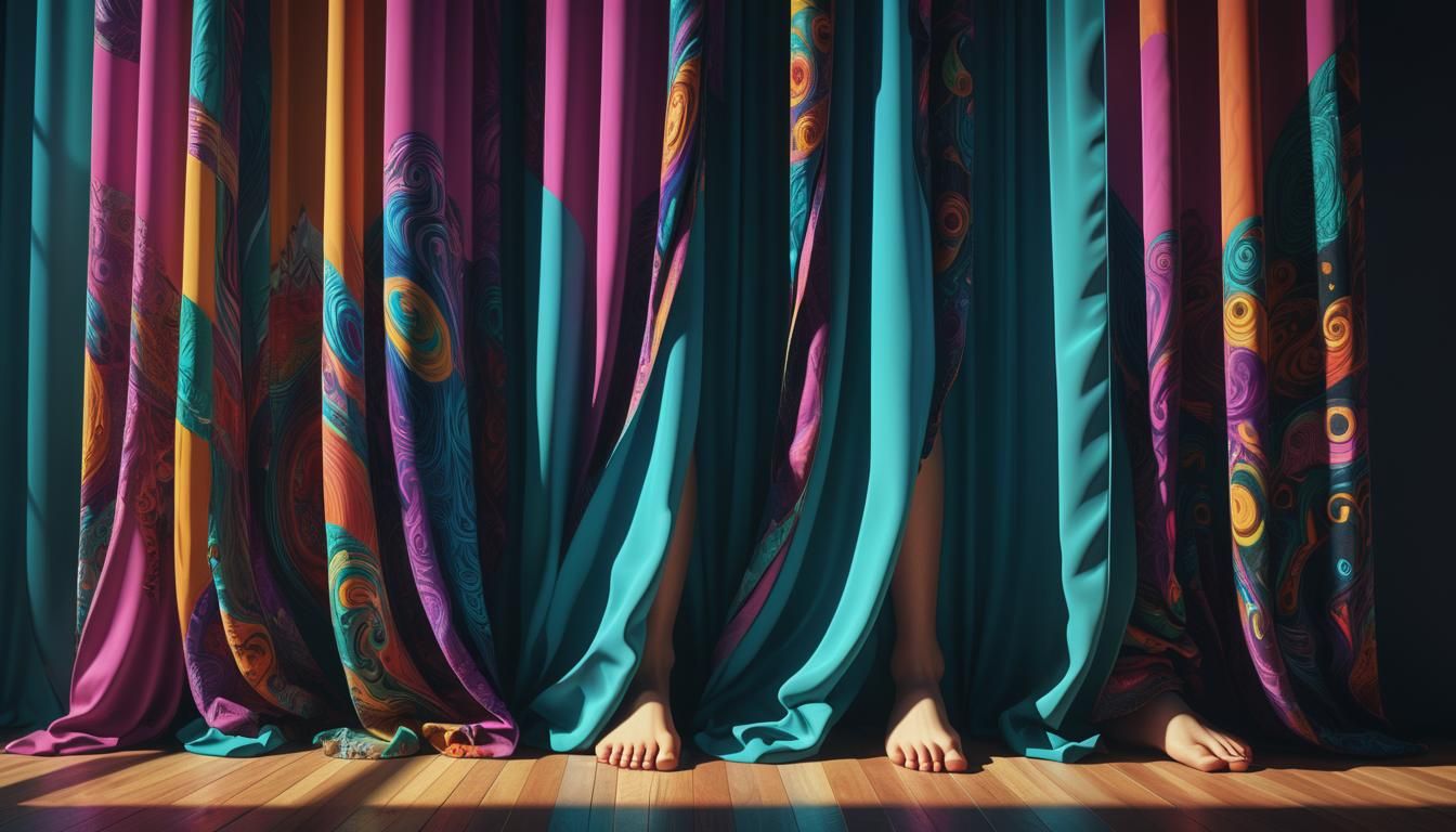 People hiding behind a curtain with their feet visible at th...