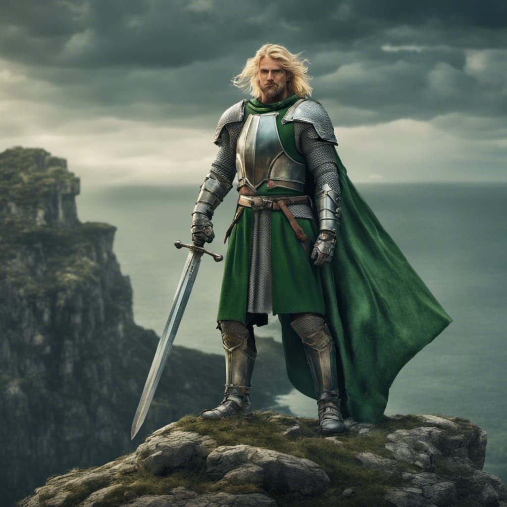 Medieval Knight with Sword on Cliffside, Fantasy Art